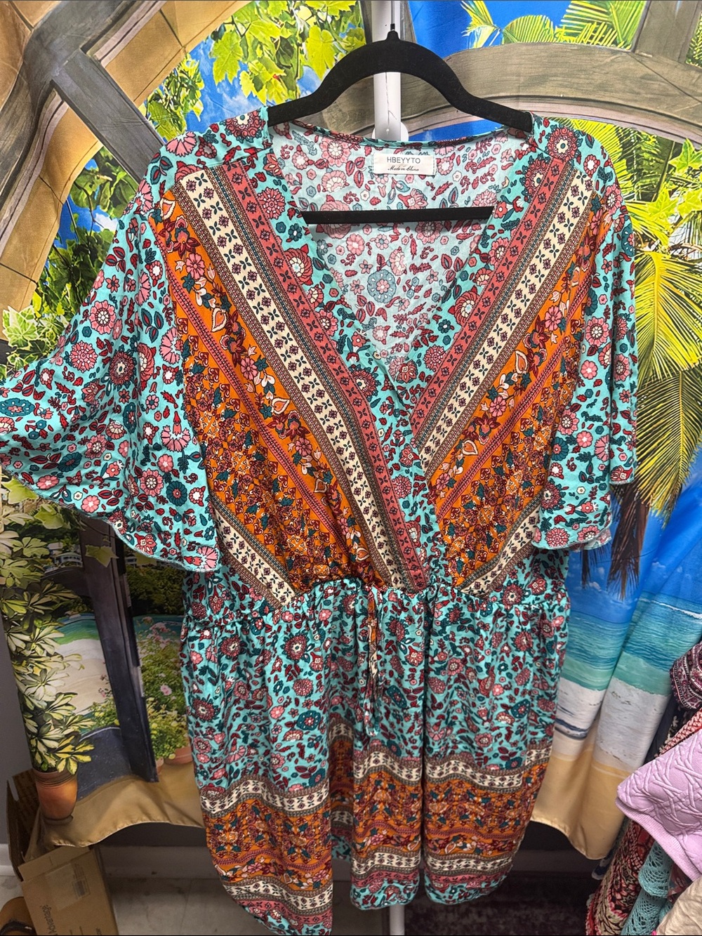 Hbeyyto Boho Floral V-Neck Dress in Teal & Rust